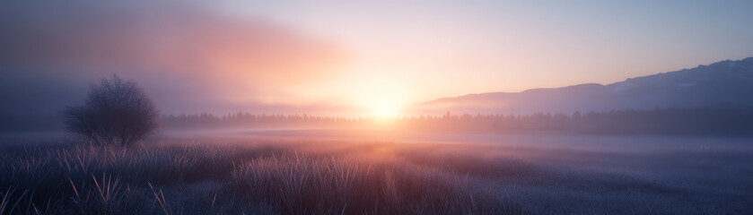 Fototapeta premium A serene sunrise illuminating a misty landscape with soft pastel colors.