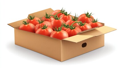 Close-up vector rendering of juicy tomatoes, emphasizing texture and color inside a simple cardboard box, isolated on white
