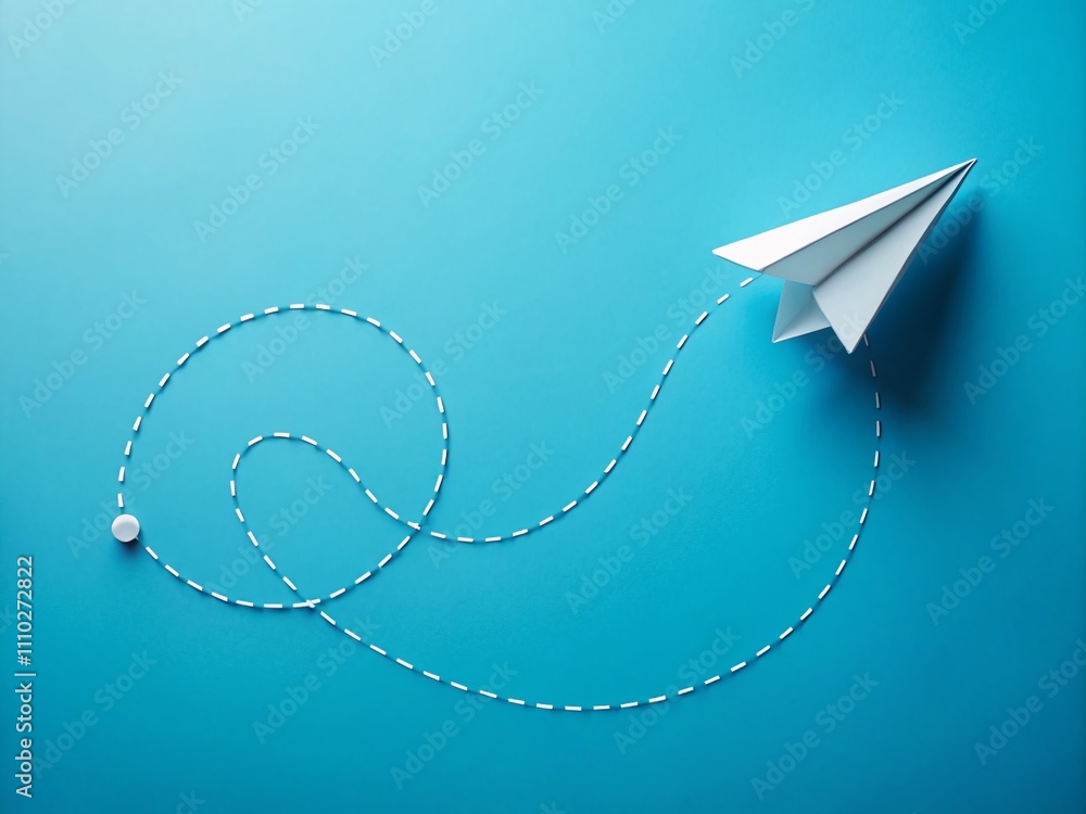 Poster conceptual photography of a paper plane with dotted line representing travel route in minimalistic s