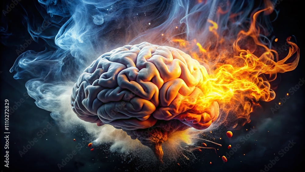 Poster conceptual photography of a mind blown, featuring a brain exploding in flames and smoke, symbolizing
