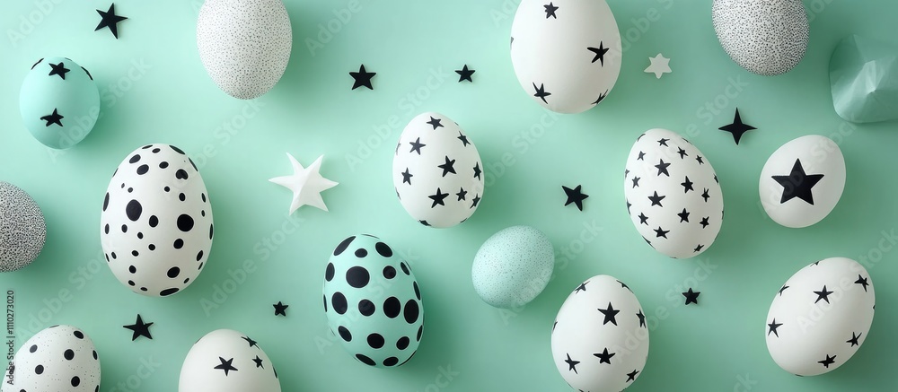 Poster easter eggs of different sizes decorated with stars on a green background in an aerial view setting