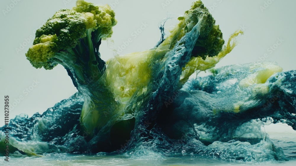 Poster Dynamic broccoli emerging from vibrant waves of color creating an abstract splash effect in a creative studio setting