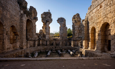 Rows of columns in Perge, Antalya, Turkey. Remains of colonnaded street in Pamphylian ancient...