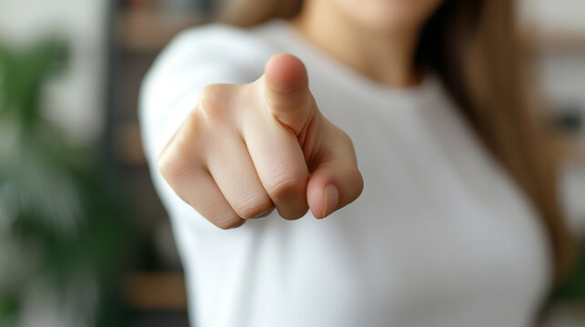 woman’s index finger pointing directly at the viewer conveying confidence, engagement, and a sense of direction with a clean and sharp focus on her gesture