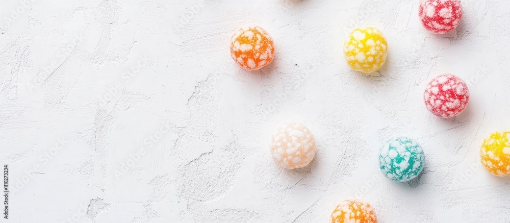 Poster colorful candies in various shapes arranged on a textured white background showcasing a vibrant top 