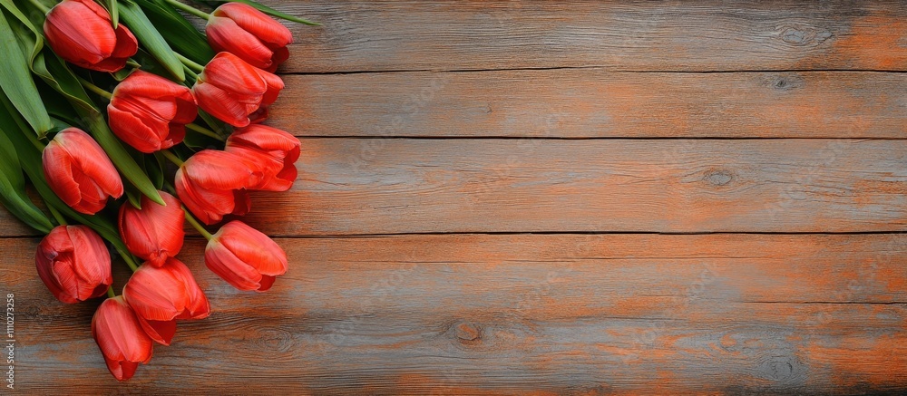 Poster red tulips arranged on rustic wooden surface with ample copy space for floral design or spring theme