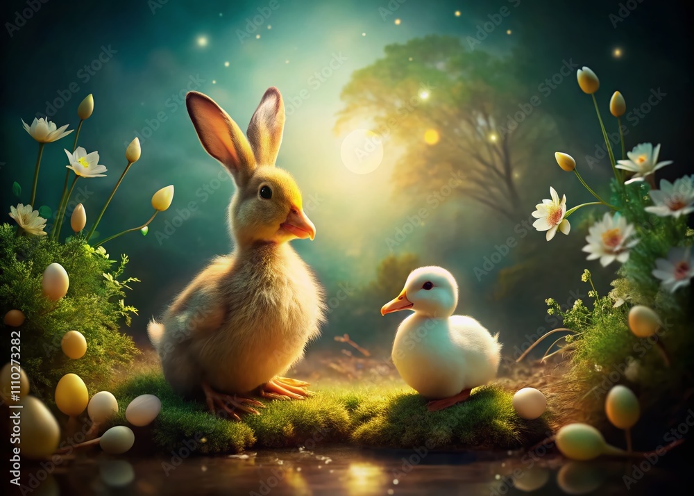 Poster conceptual photography of the duck rabbit illusion in a surreal setting, blending nature and percept