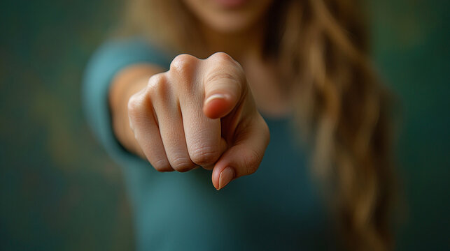 woman’s index finger pointing directly at the viewer conveying confidence, engagement, and a sense of direction with a clean and sharp focus on her gesture