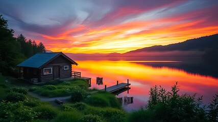 Fototapeta premium Serene Lakeside Cabin at Sunset with a Peaceful Dock