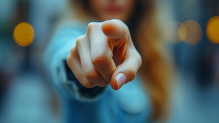 woman’s index finger pointing directly at the viewer conveying confidence, engagement, and a sense of direction with a clean and sharp focus on her gesture