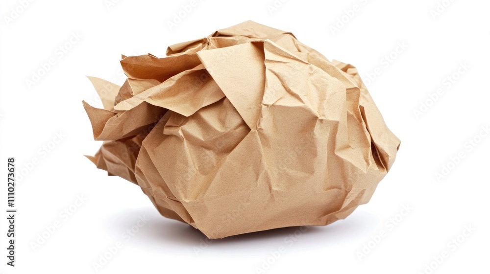 Poster crumpled brown paper texture isolated on white background for creative and design projects with clip