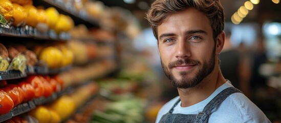 Male shop assistant smiling in a grocery store aisle with fresh produce in the background, close-up portrait showcasing customer service.