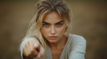 woman’s index finger pointing directly at the viewer conveying confidence, engagement, and a sense of direction with a clean and sharp focus on her gesture