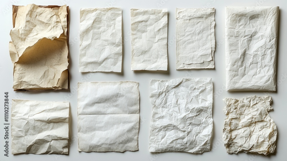 Poster collection of crumpled and unfolded recycled paper sheets on a clean white background for creative a