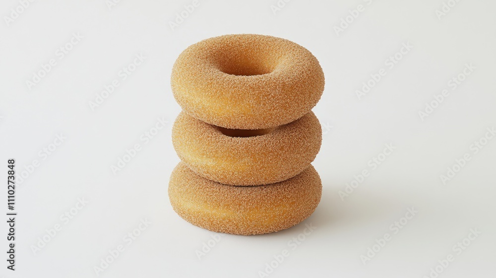 Poster three stacked donuts on a clean white background showcasing their smooth texture and simple design f