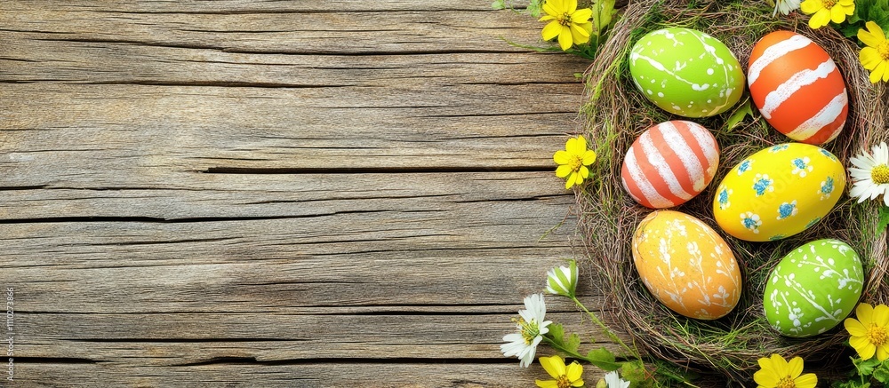 Poster easter eggs in a nest on rustic wooden table with spring flowers and available space for text in an 