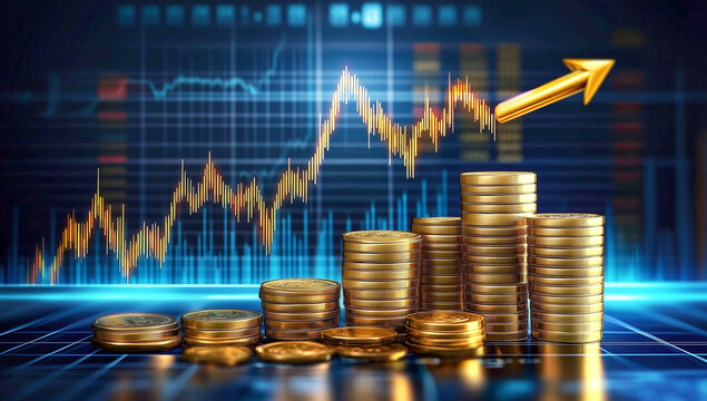 View of a computer screen displaying stock exchange graph and chart representing increased and decreased price in the stock market with stack of coins.	