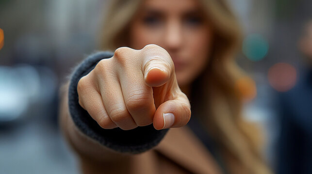 woman’s index finger pointing directly at the viewer conveying confidence, engagement, and a sense of direction with a clean and sharp focus on her gesture