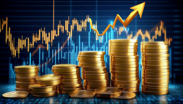 View of a computer screen displaying stock exchange graph and chart representing increased and decreased price in the stock market with stack of coins.	