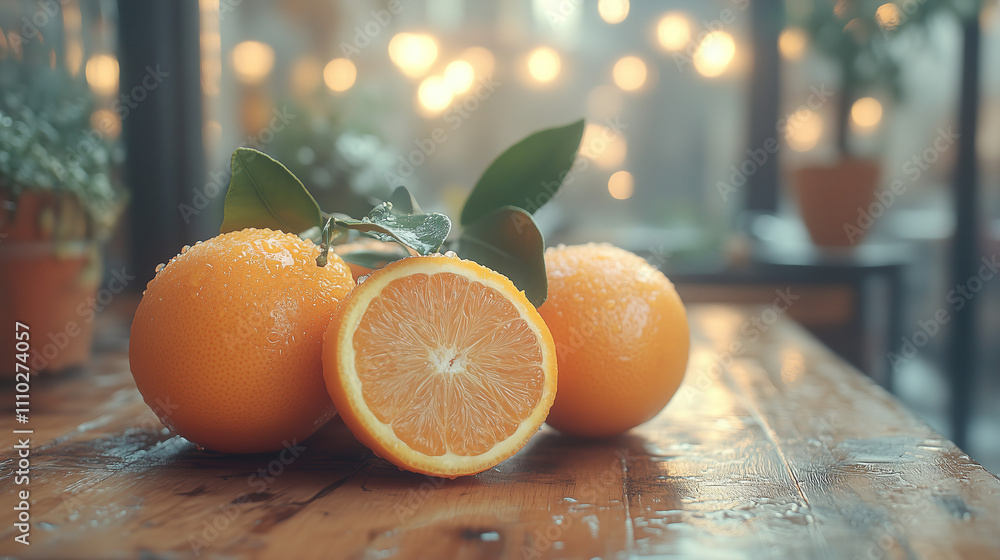 Poster freshly cut oranges on a wooden table with vibrant background lights in a rustic setting. generative