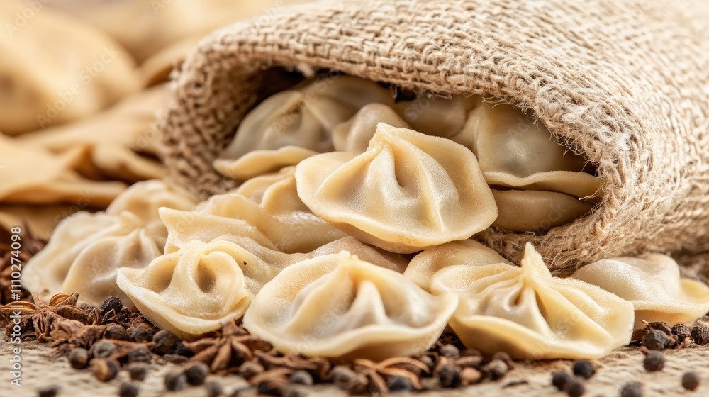 Aufkleber dumplings spilling from burlap sack surrounded by spices on rustic textured background close up