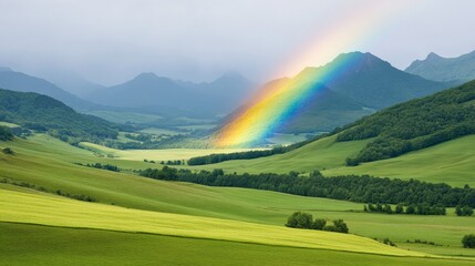 Rainbow Over Mountain Valley: A breathtaking landscape photograph showcasing a vibrant rainbow arching over rolling green hills and majestic mountains, symbolizing hope, renewal.