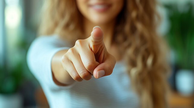 woman’s index finger pointing directly at the viewer conveying confidence, engagement, and a sense of direction with a clean and sharp focus on her gesture