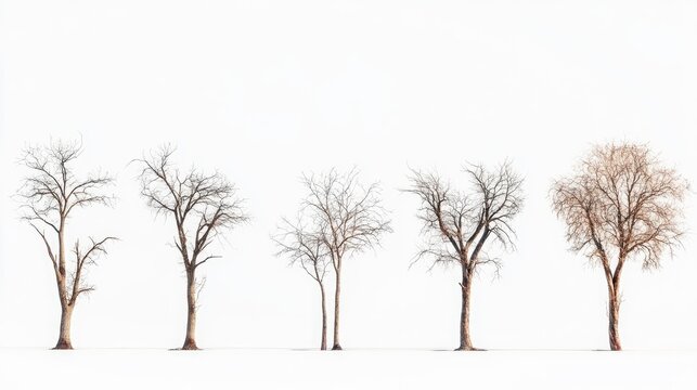 Dry tree collection isolated on white background showcasing the beauty and structure of dead trees in various shapes and sizes.