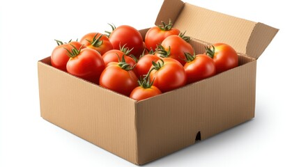 Detailed image of fresh tomatoes with subtle shadows, stacked neatly inside a cardboard box, isolated on white