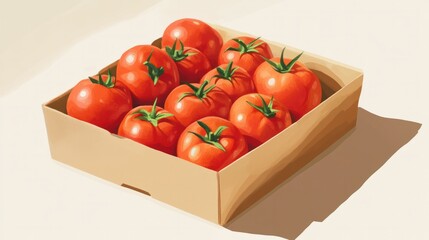 Detailed image of fresh tomatoes with subtle shadows, stacked neatly inside a cardboard box, isolated on white