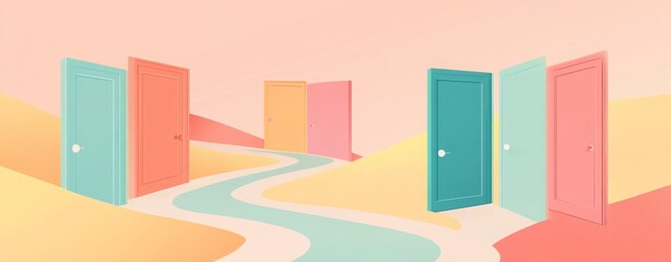 Abstract Pathways with Colorful Doors in Illustration
