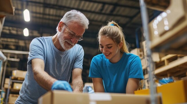 A Baby Boomer and Millennial volunteering together at a local charity, making a positive impact in the community.