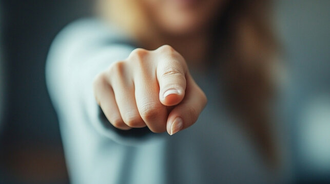 woman’s index finger pointing directly at the viewer conveying confidence, engagement, and a sense of direction with a clean and sharp focus on her gesture