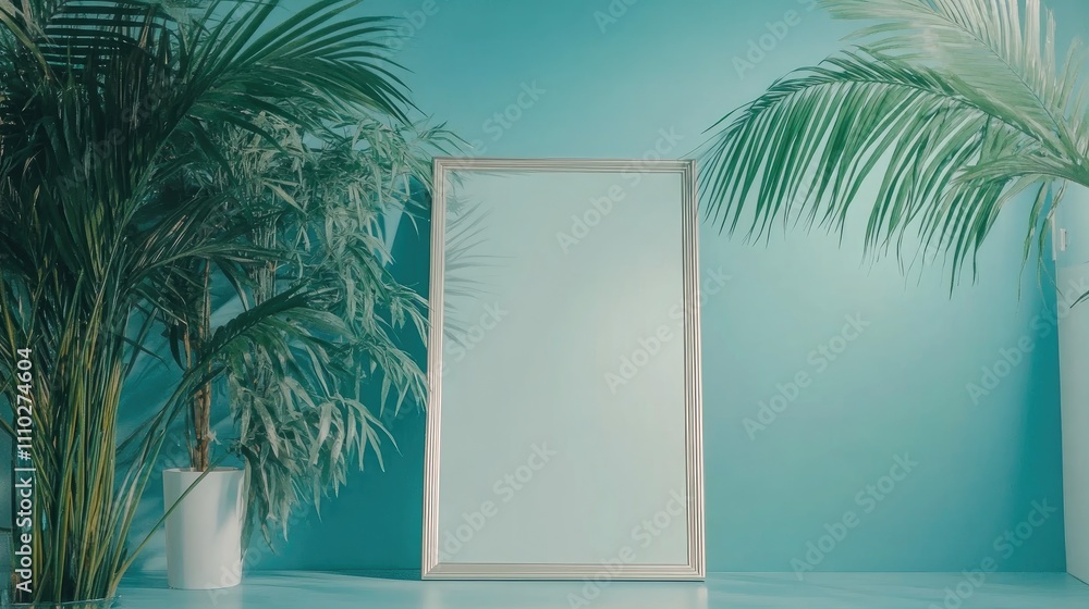 Poster bright minimalistic interior design with empty frame and tropical plants creating a serene atmospher