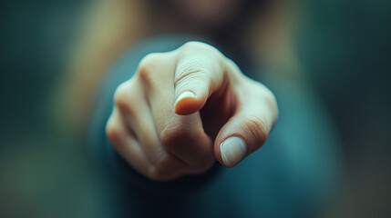 woman’s index finger pointing directly at the viewer conveying confidence, engagement, and a sense of direction with a clean and sharp focus on her gesture