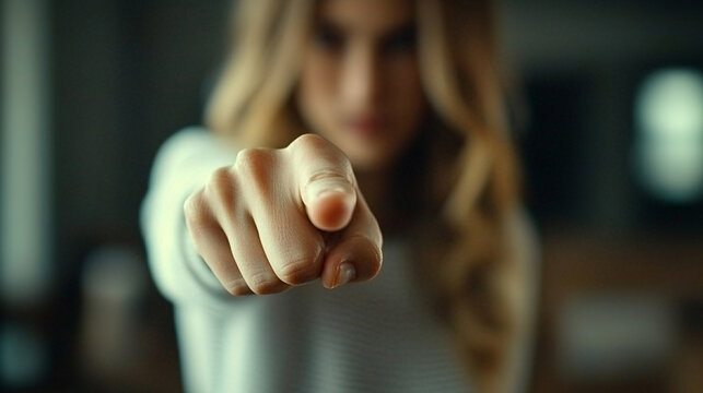 woman’s index finger pointing directly at the viewer conveying confidence, engagement, and a sense of direction with a clean and sharp focus on her gesture