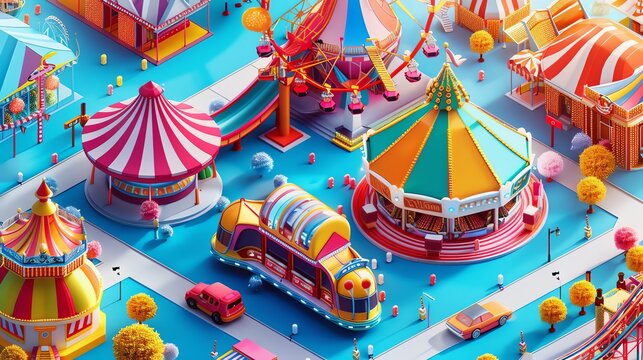 Colorful isometric amusement park illustration.