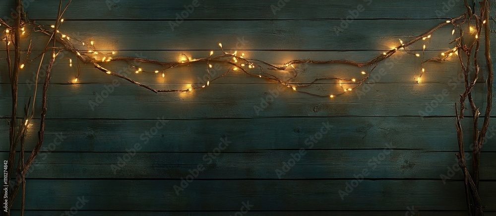 Poster glowing fairy lights on wooden surface with rustic branches creating a warm and inviting atmosphere 
