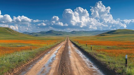 Fototapeta premium Dirt road leading to remote oil well pad in summer tundra with vibrant wildflowers and blue sky reflecting seasonal beauty and nature's resilience