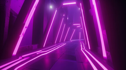 Fototapeta premium Neon light tunnel perspective. Vector realistic illustration of dark hall with triangular shape geometric lamps, purple and pink color illumination glowing in dark corridor, futuristic virtual portal