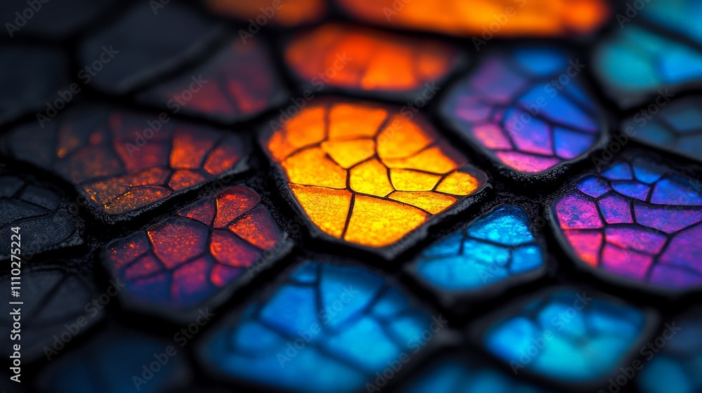 Poster Abstract Mosaic of Color: A close-up shot of a vibrant mosaic, showcasing a mesmerizing array of colors and textures. The interplay of light and shadow highlights the intricate details of each piece.