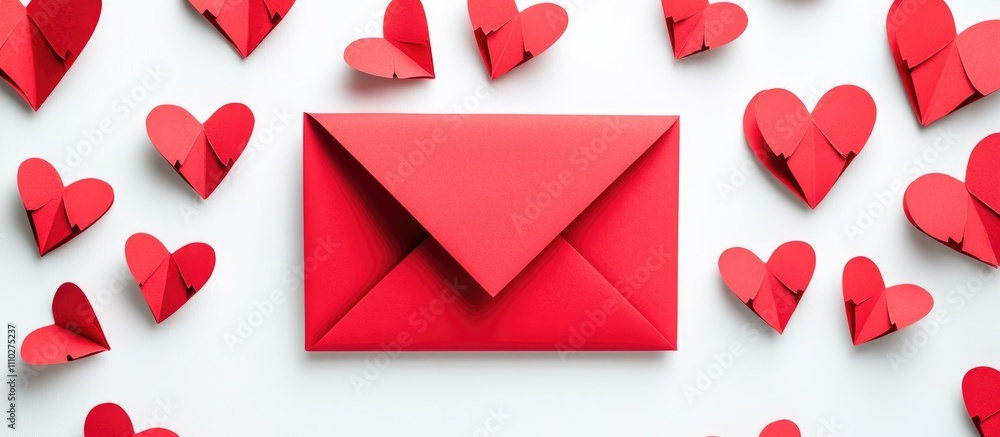 Aufkleber red envelope with 3d handmade red paper hearts arranged around it on a clean white background perfec