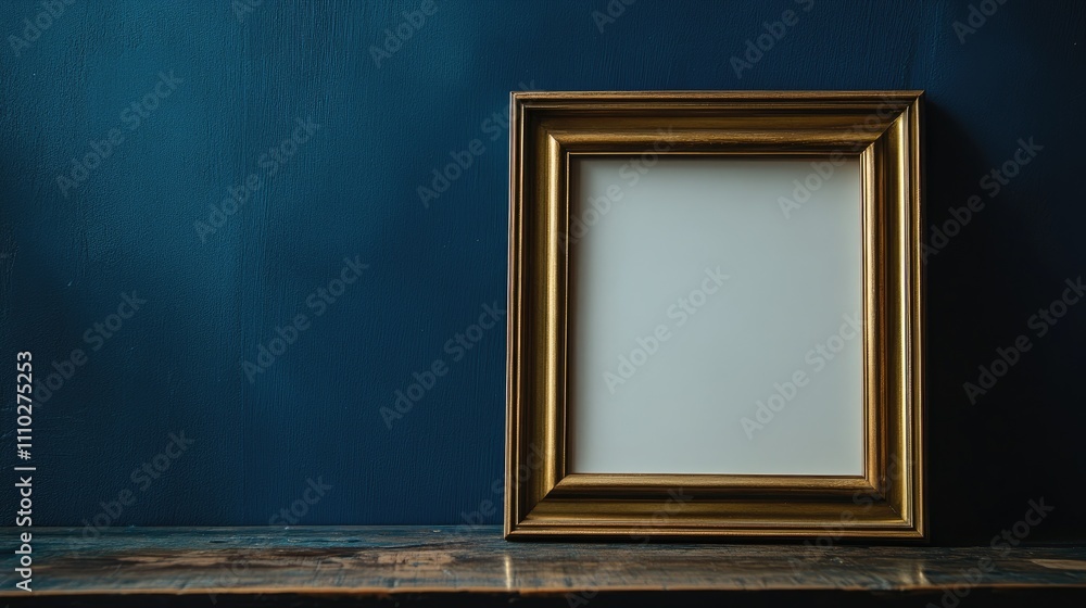 Poster elegant gold picture frame on rustic wooden table against deep blue wall with ample copy space for a