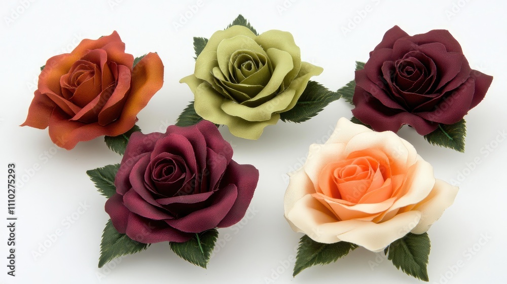 Poster artificial roses in various colors arranged in a floral display for design decoration and creative p