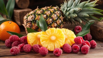 Vibrant assortment of fresh raspberries sliced pineapple and oranges on rustic wooden background with tropical leaves