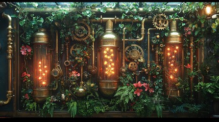 Exploring a steampunk botanical laboratory filled with brass and vibrant flora