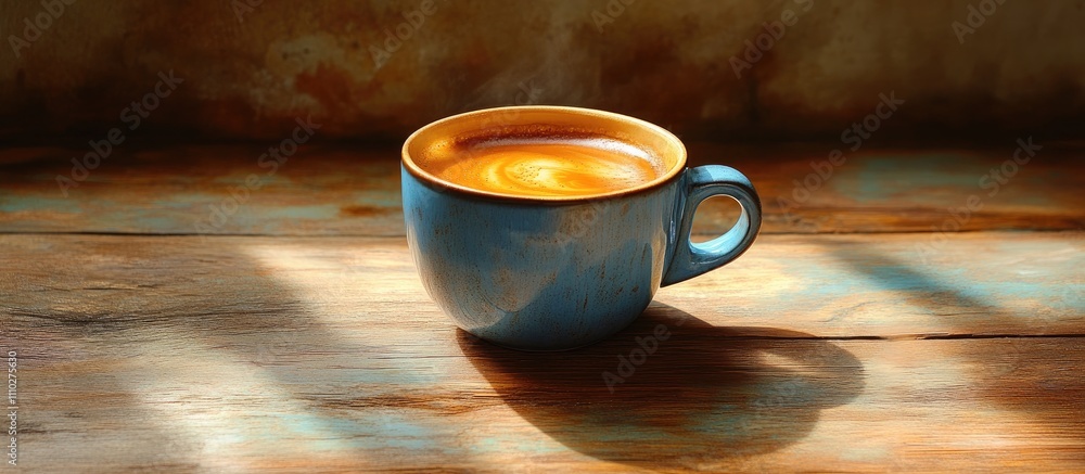 Poster freshly brewed latte in a blue cup resting on a rustic wooden table with warm lighting creating an i