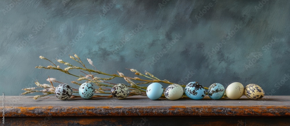 Aufkleber quail eggs in various colors arranged with willow branches on a rustic wooden table background