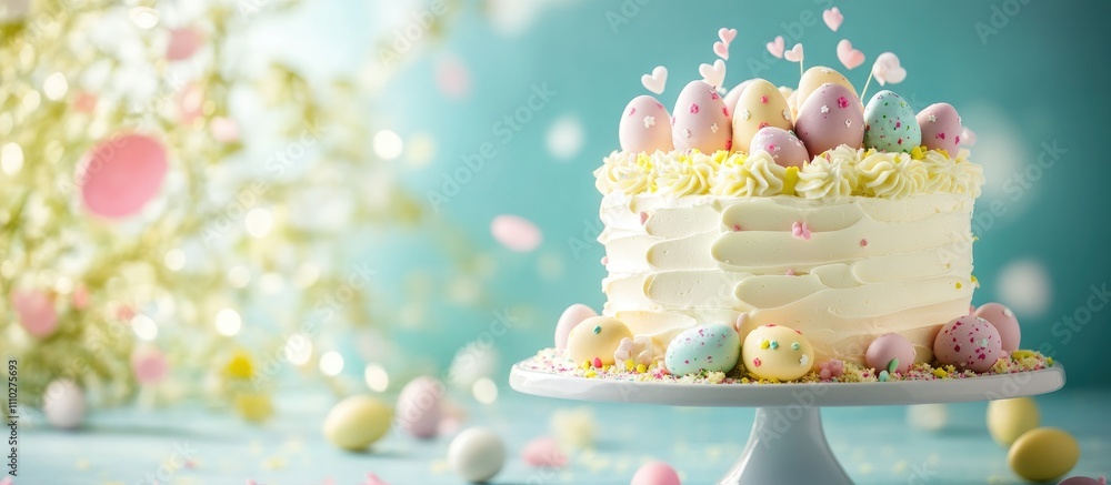 Poster easter cake decorated with pastel eggs and flowers creating a festive dessert display on a table wit