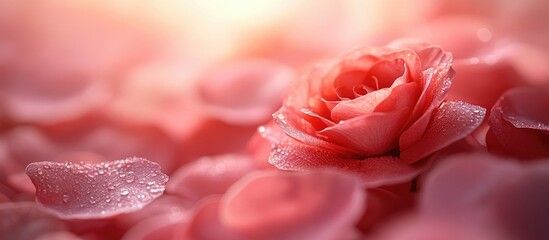 Romantic pink roses background with blurred petals and gentle focus ideal for floral designs and elegant wedding invitations